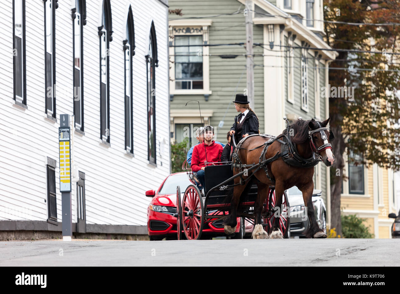 Un carro trainato da cavalli con i turisti fa il suo modo attraverso le strade di lunenburg. fondata nel 1753 lunenburg, Nova Scotia, Canada. Foto Stock