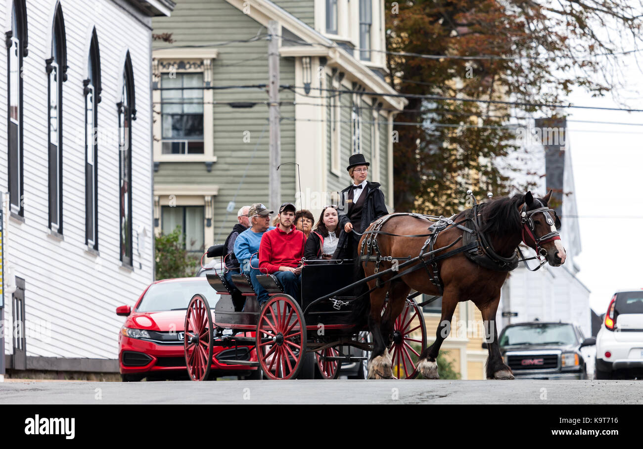 Un carro trainato da cavalli con i turisti fa il suo modo attraverso le strade di lunenburg. fondata nel 1753 lunenburg, Nova Scotia, Canada. Foto Stock
