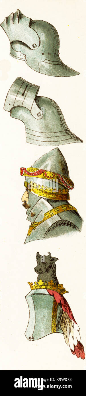 Sono qui mostrati i caschi europei che data 1400. Questa illustrazione risale al 1882. Foto Stock