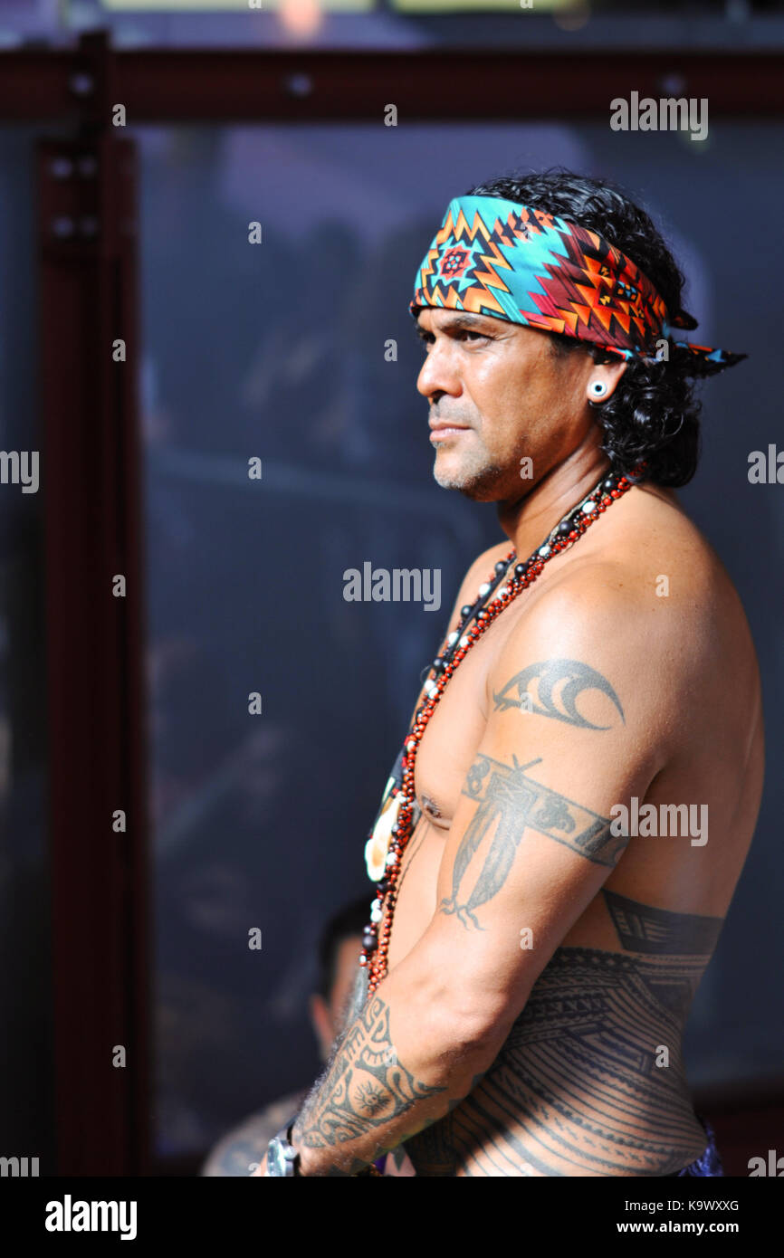 Londra, Regno Unito. 24 Settembre, 2017. Un uomo polinesiano con tatuaggi  tradizionali a xiii London International Tattoo Convention, che ha avuto  luogo nel corso del fine settimana nel tabacco Dock, a est