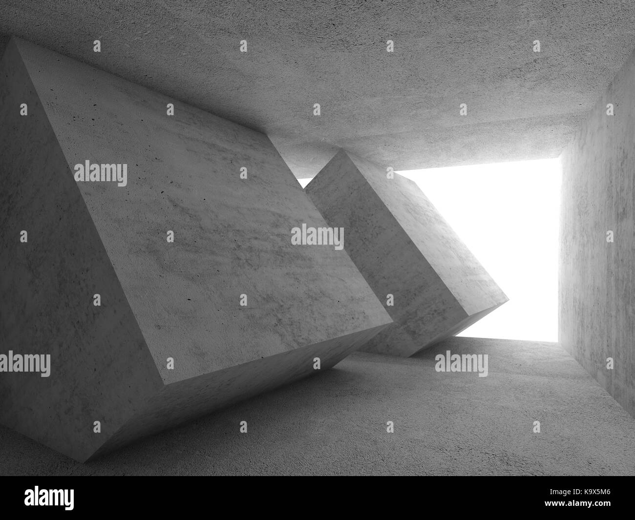 Abstract di calcestruzzo interno camera con finestra vuota e a forma di cubo di installazione, 3D render illustrazione Foto Stock