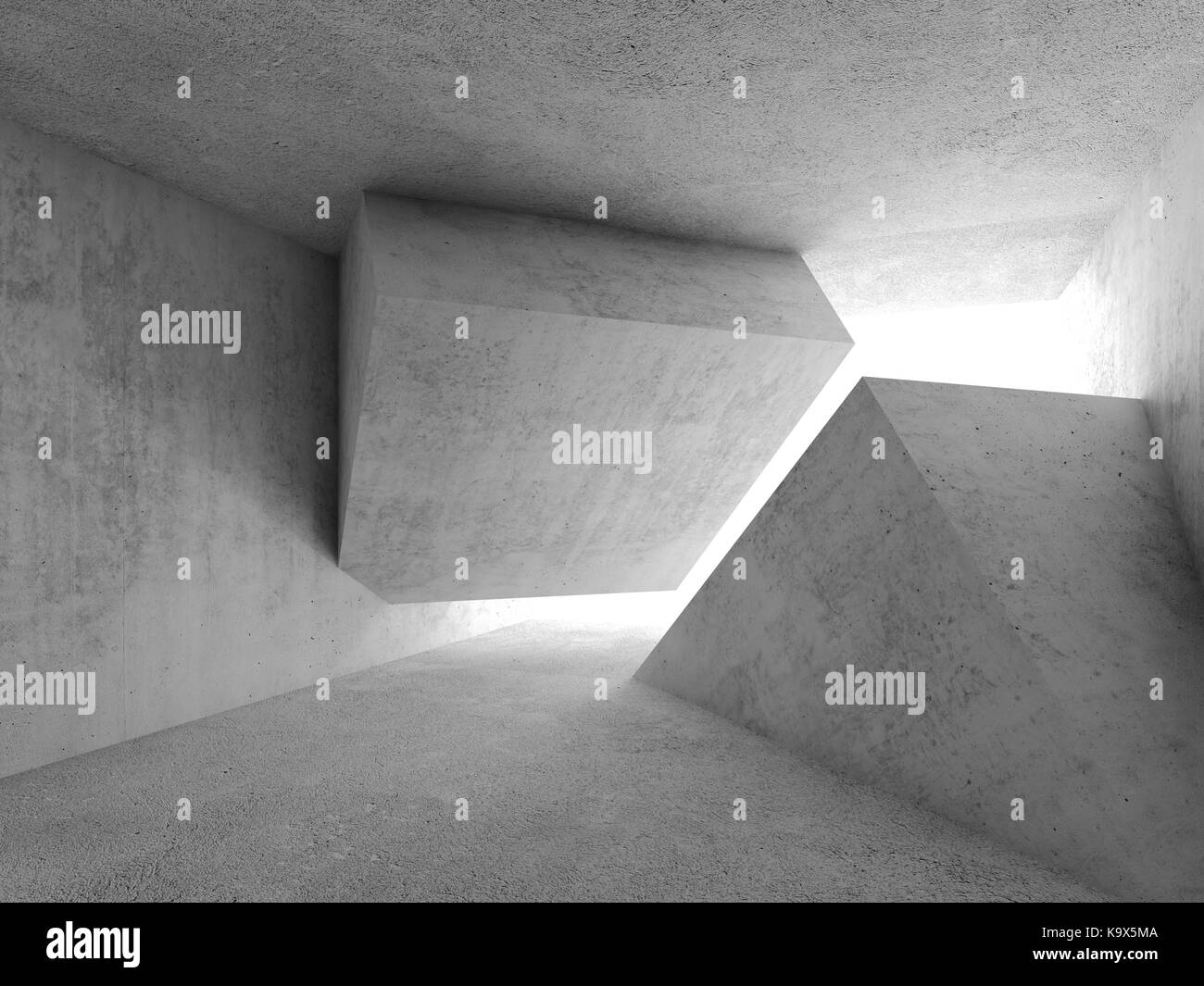 Abstract interni di cemento bianco e vetro a forma di cubo di installazione, 3D render illustrazione Foto Stock