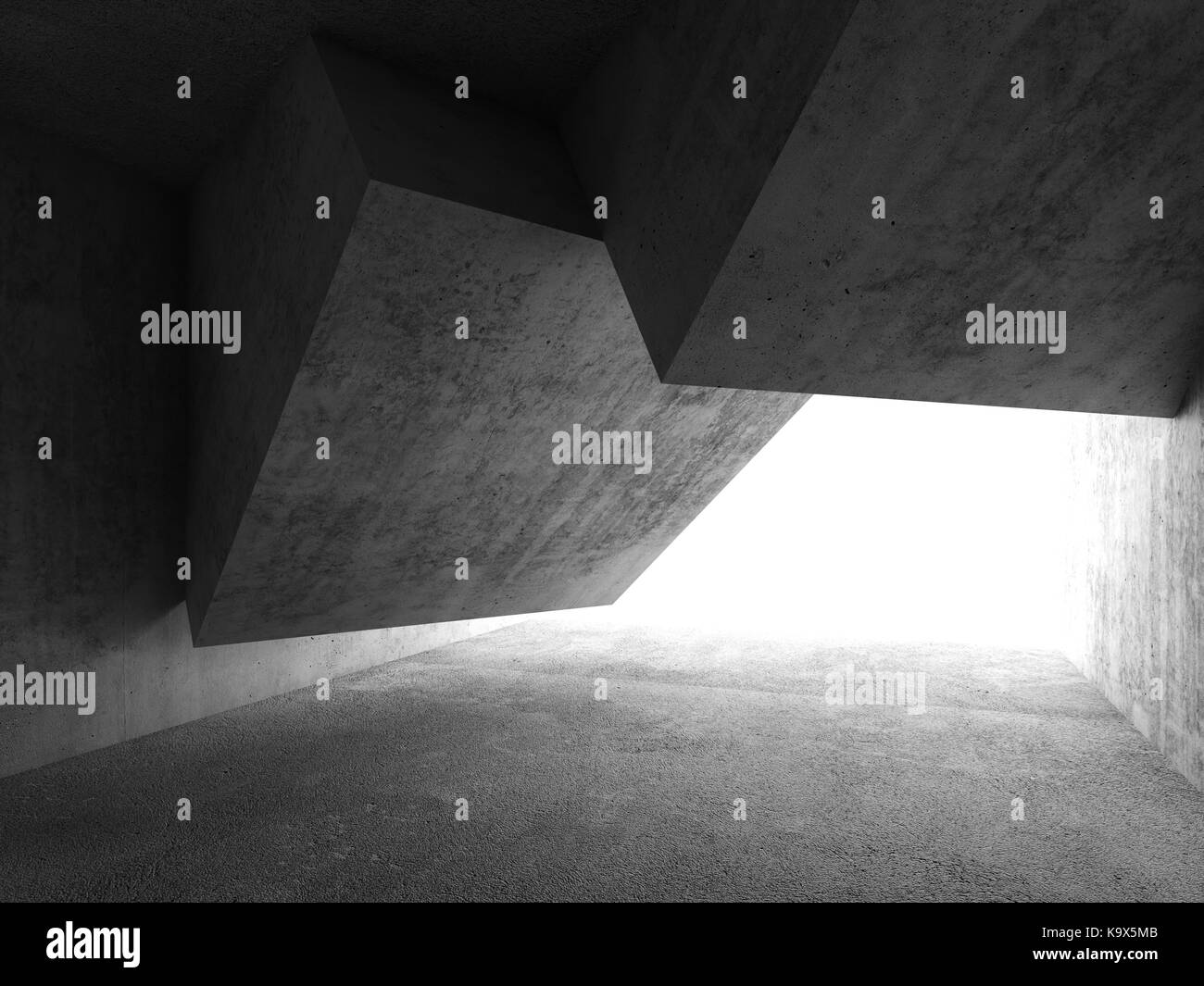 Abstract di calcestruzzo interno camera con finestra bianca e a forma di cubo di installazione, 3D render Foto Stock