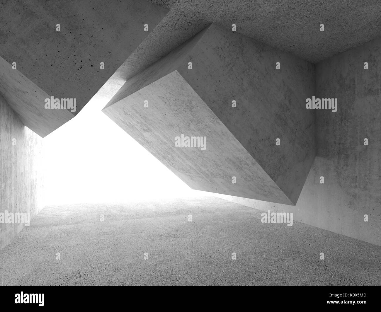 Abstract di calcestruzzo interno camera con finestra bianca e a forma di cubo di installazione, 3d illustrazione Foto Stock