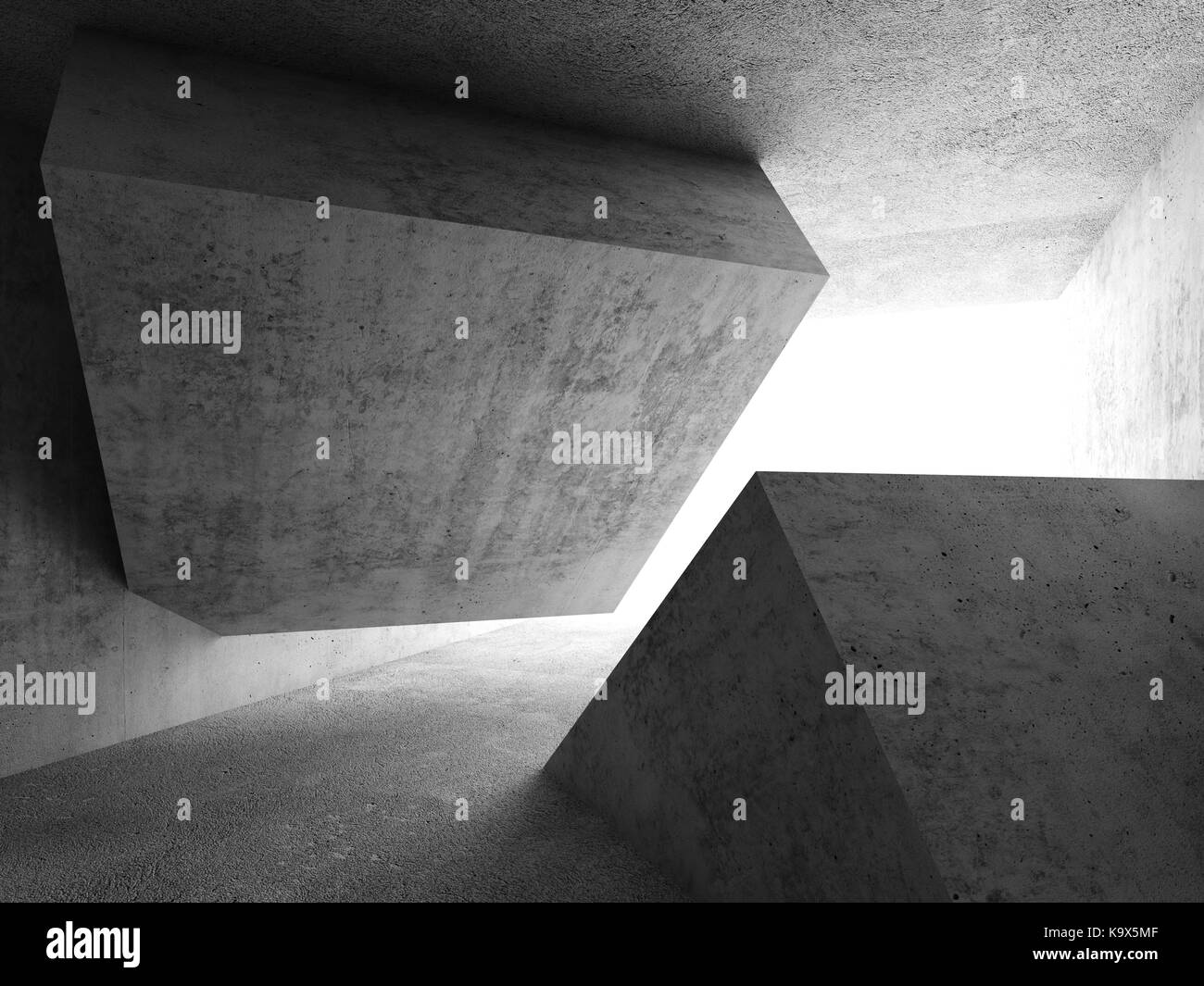 Abstract di calcestruzzo interno camera con finestra bianca e a forma di cubo di installazione, 3D render illustrazione Foto Stock