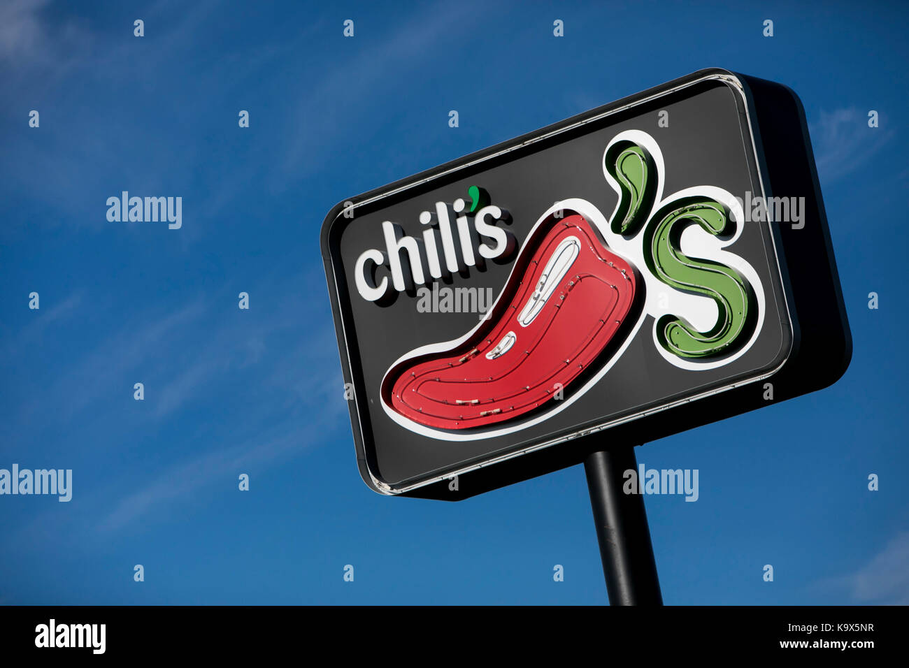 Un segno del logo al di fuori di un Chili's Grill & Bar ristorante posizione di hagerstown, Maryland il 23 settembre 2017. Foto Stock