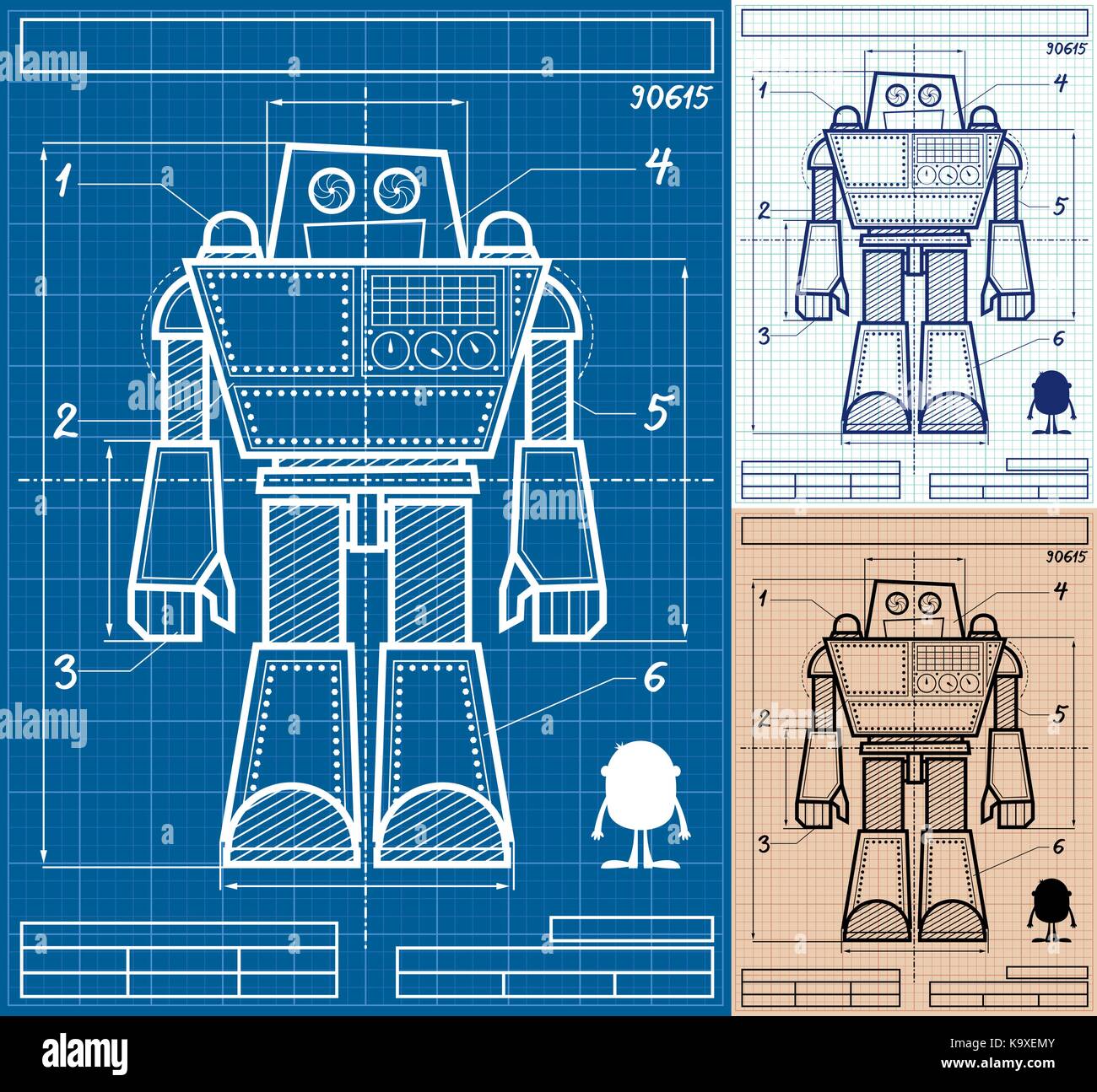 Cartoon blueprint di giant robot in 3 versioni. Illustrazione Vettoriale