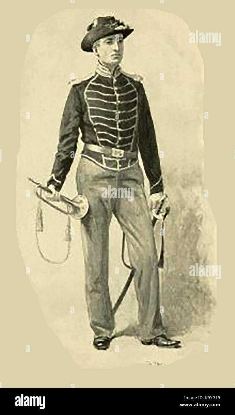 1900 - Un Americano di cavalleria bugler in pieno uniforme con fanfare e spada Foto Stock