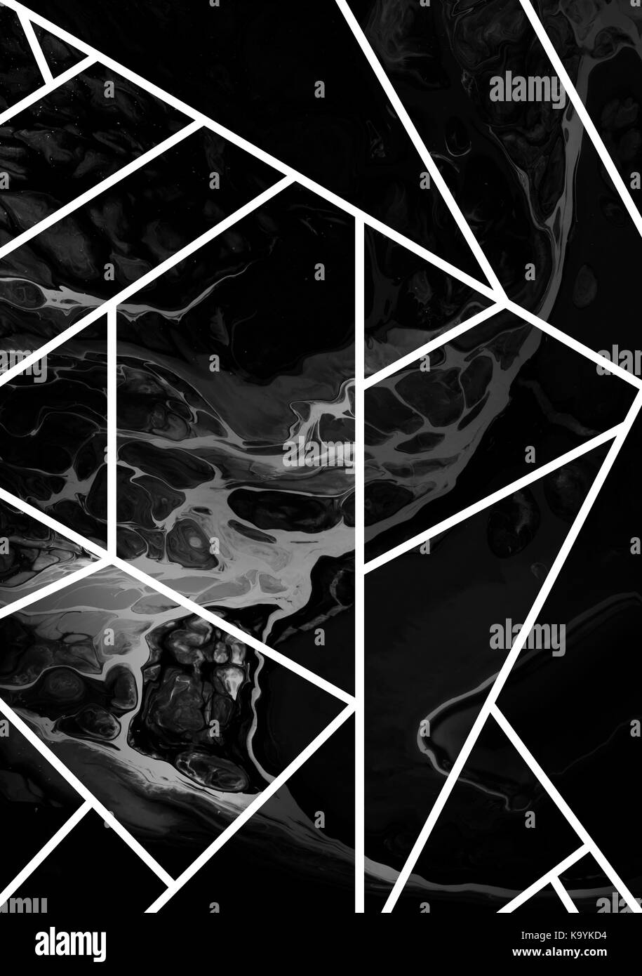 Moderno ed elegante colorato disegno astratto poster con linee di oro e marmo di liquido. Foto Stock