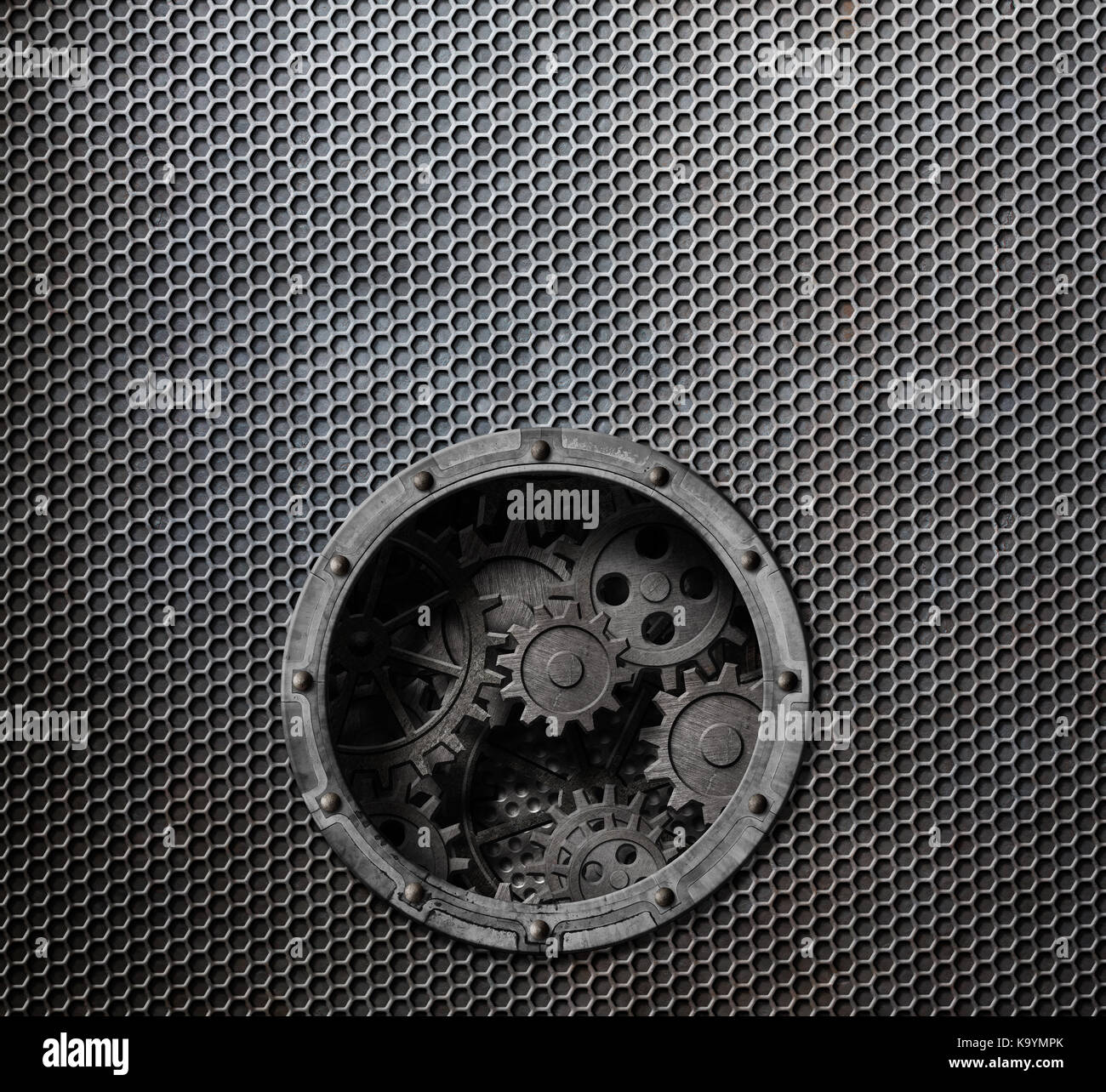 Griglia metallica sfondo con oblò e gli ingranaggi all'interno di 3d illustrazione Foto Stock