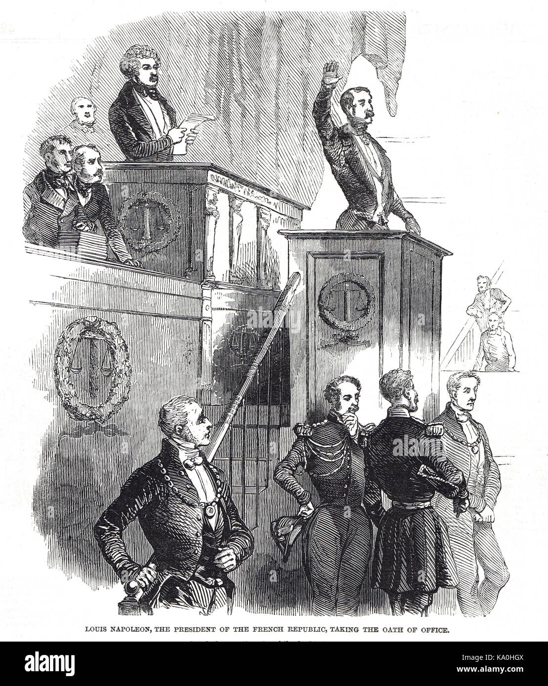 Louis Napoleon, primo e unico presidente della Seconda Repubblica francese, tenuto giuramento davanti all'Assemblea nazionale francese, 20 Dicembre 1848 Foto Stock