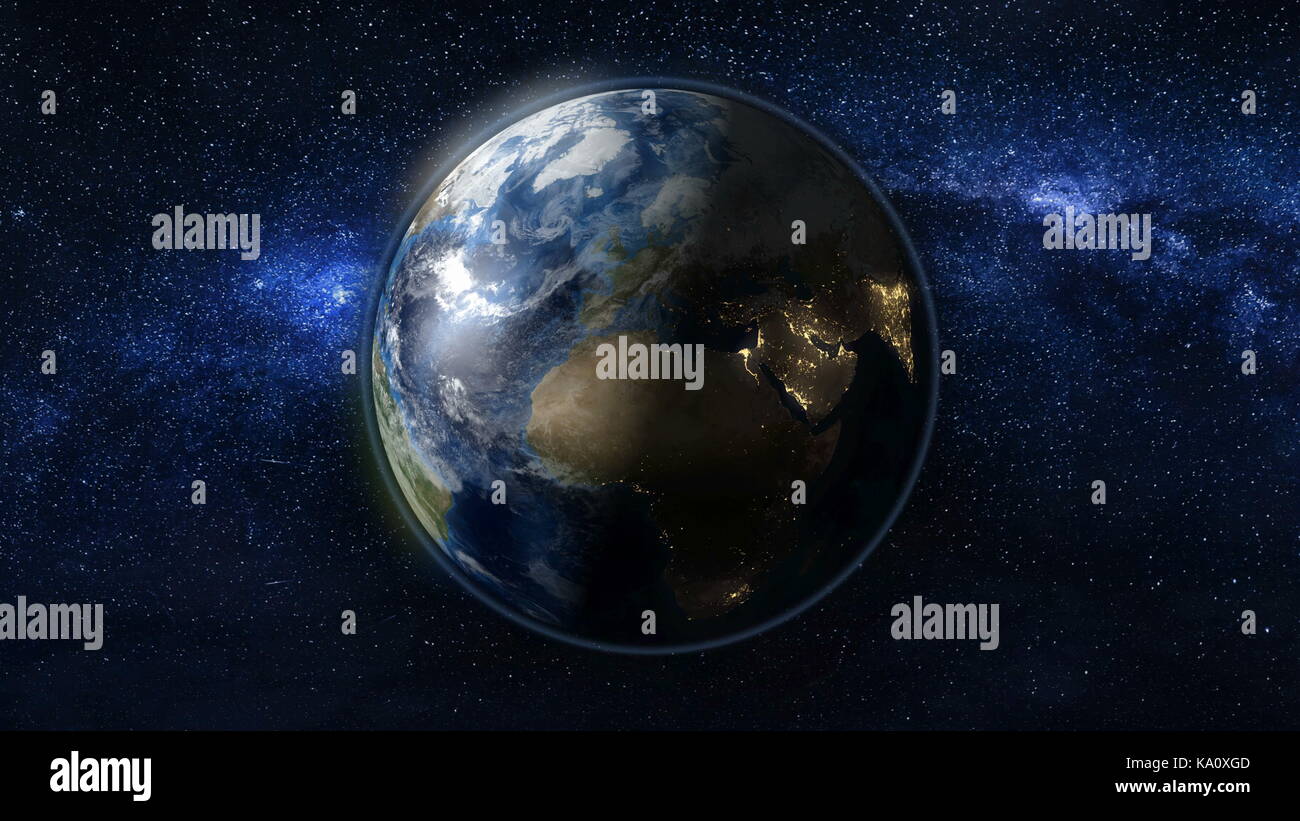 Il pianeta terra in nero e blu universo di stelle Foto Stock