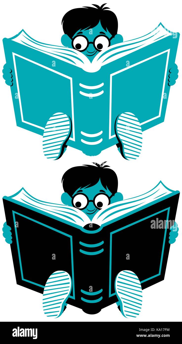 Cartoon piccolo ragazzo lettura libro in 2 colori e 2 versioni. Illustrazione Vettoriale