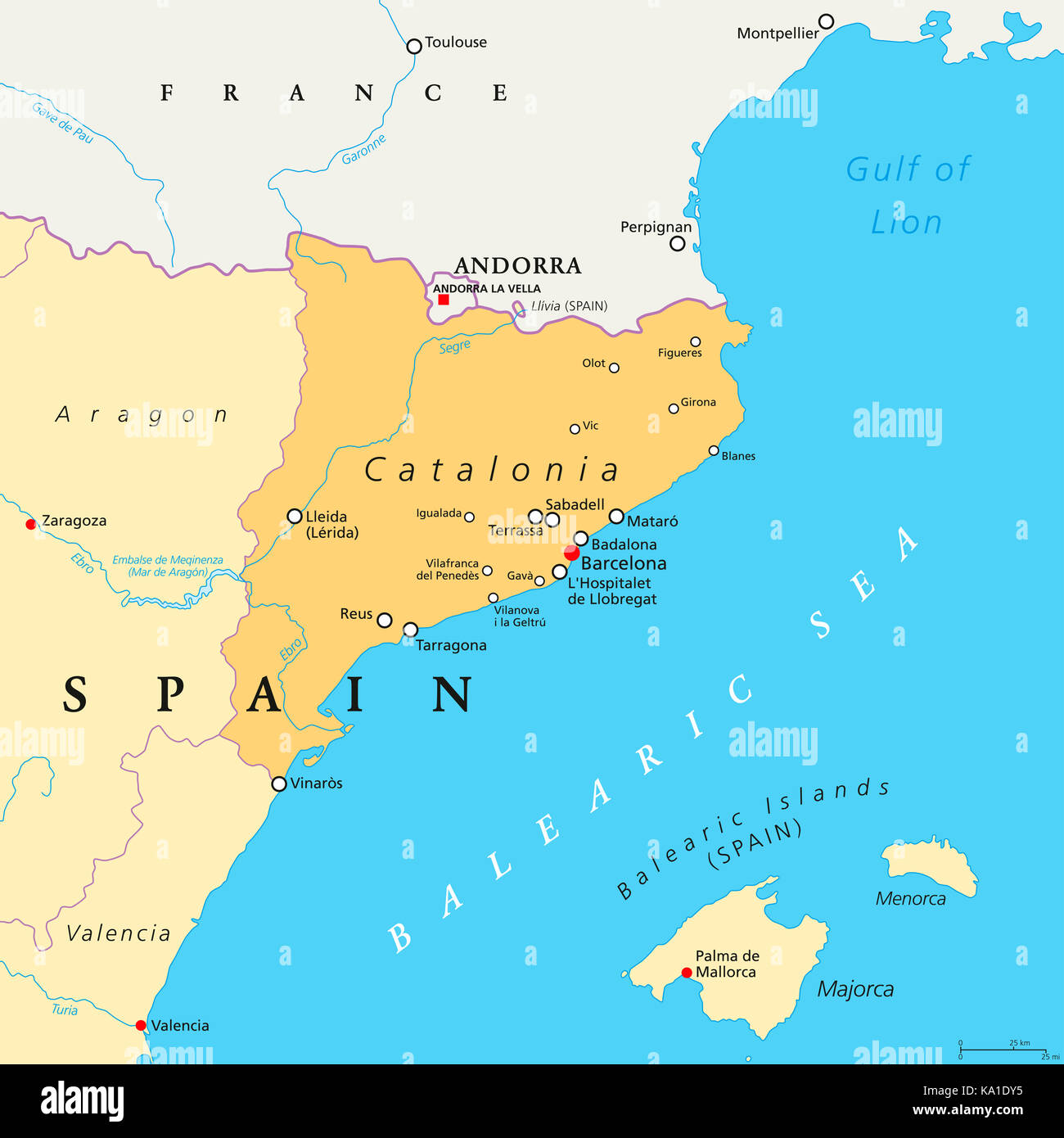 La Catalogna mappa politico con capitale Barcellona, confini e importanti città. delle comunità autonome della Spagna. illustrazione. Foto Stock