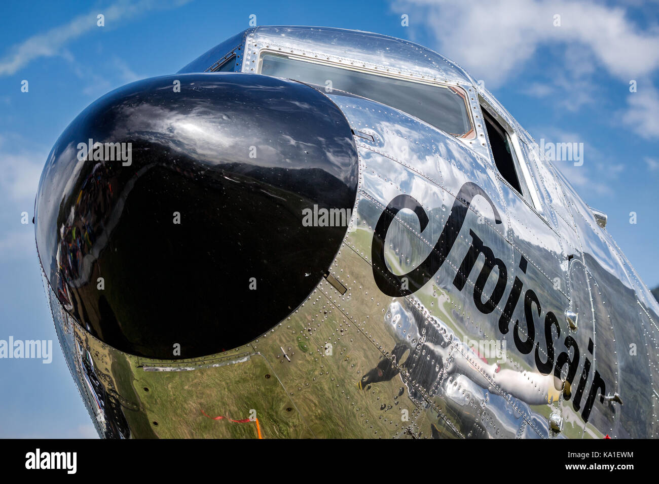 Close up di un Douglas DC-3, elica di aereo di linea, Airshow di Sion, Sion, Vallese, Svizzera Foto Stock
