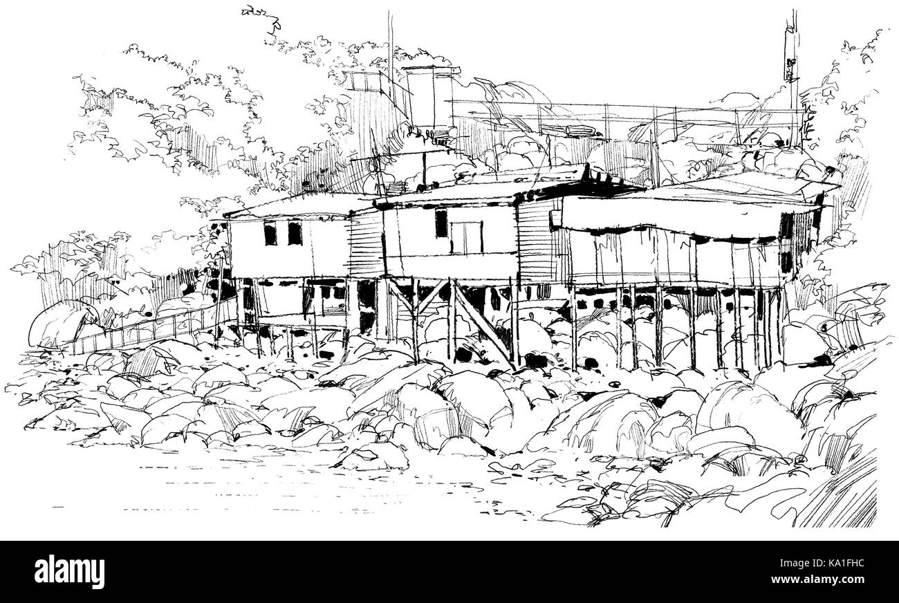 Scenario di vecchie case tra la natura in campagna con disegnati a mano stile sketch, illustrazione Foto Stock