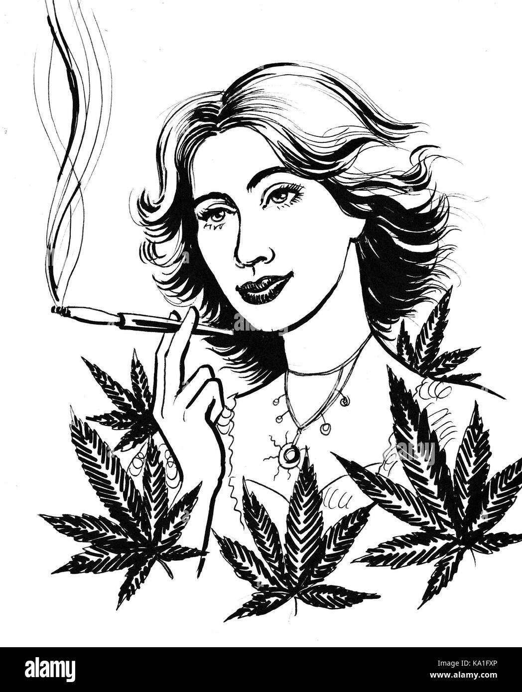 Bella donna fumare marijuana sigaretta Foto Stock