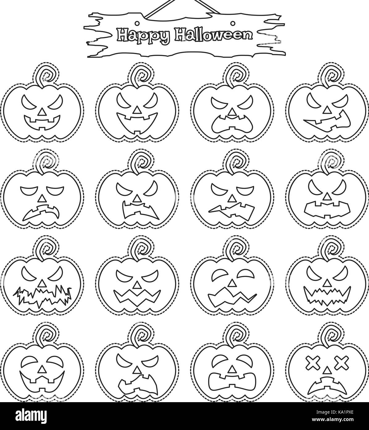 Vettore di facile utilizzo 16 linea emoticon di zucca come adesivo diverse espressioni facciali su sfondo bianco con happy Halloween plank appeso sopra Illustrazione Vettoriale