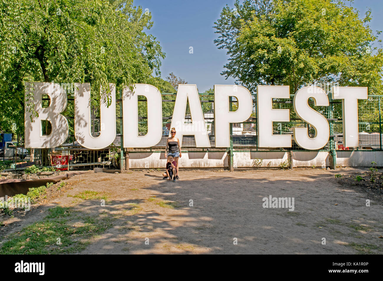 Segno di Budapest sull isola Margherita di Budapest Foto Stock