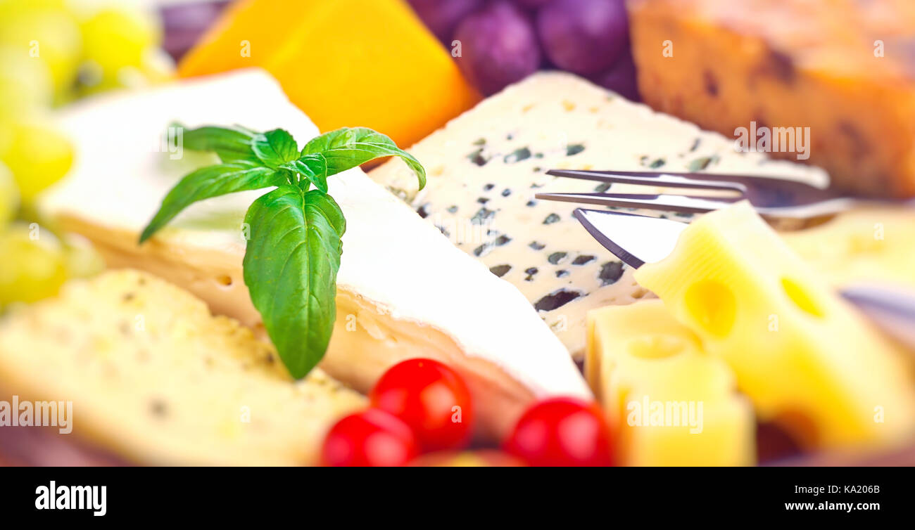 Primo piano di una gustosi formaggi assortiti, formaggio blu, brie, camembert cheddar, gouda, lusso formaggio francese, deliziosi menù del ristorante Foto Stock