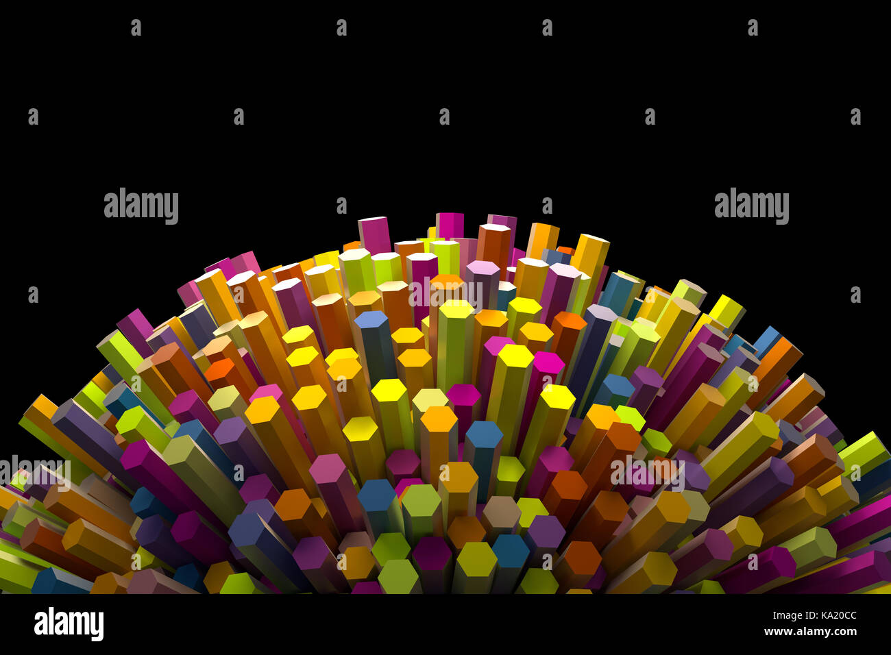 Forma astratta di molti esagoni nel round di geometria. 3D render illustrazione. stack di pastelli - matite. Foto Stock