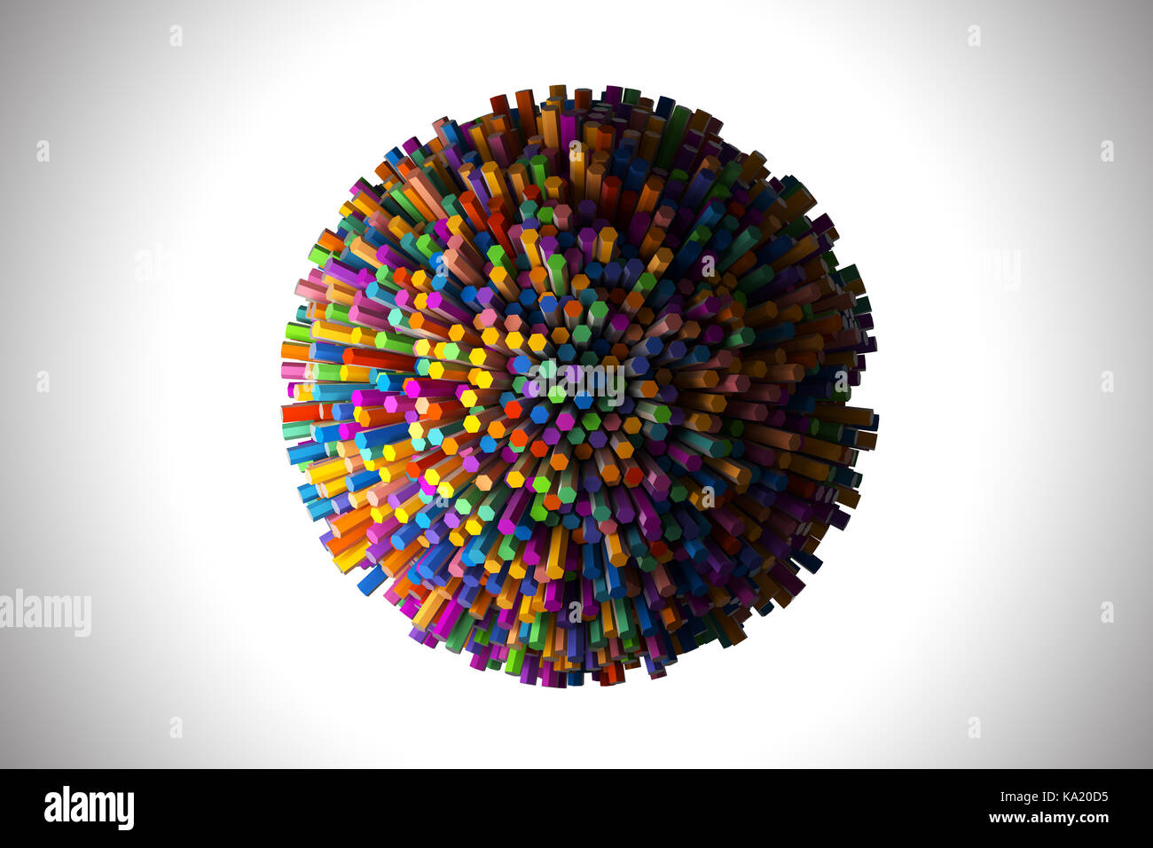 Forma astratta di molti esagoni nel round di geometria. 3D render illustrazione. stack di pastelli - matite. Foto Stock