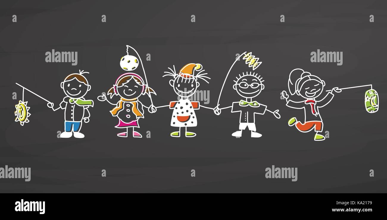 I bambini celebrano la st martin giorno, handdrawn disegno vettoriale, pulire delinea, in stile vintage Blackboard. Illustrazione Vettoriale