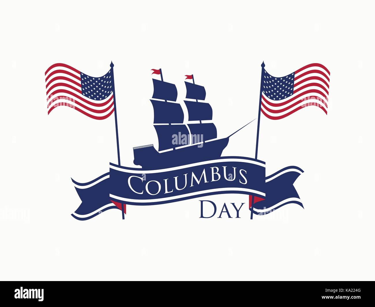 Felice il Columbus day, lo scopritore di america, nastro e nave, holiday banner. nave a vela con piloni illustrazione vettoriale Illustrazione Vettoriale
