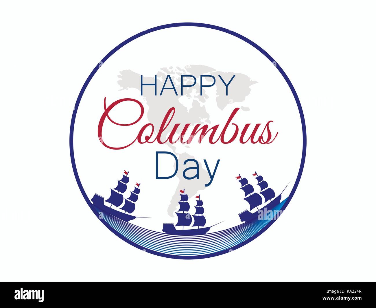 Felice il Columbus day, lo scopritore di America, onde e nave, holiday banner. nave a vela con piloni illustrazione vettoriale Illustrazione Vettoriale