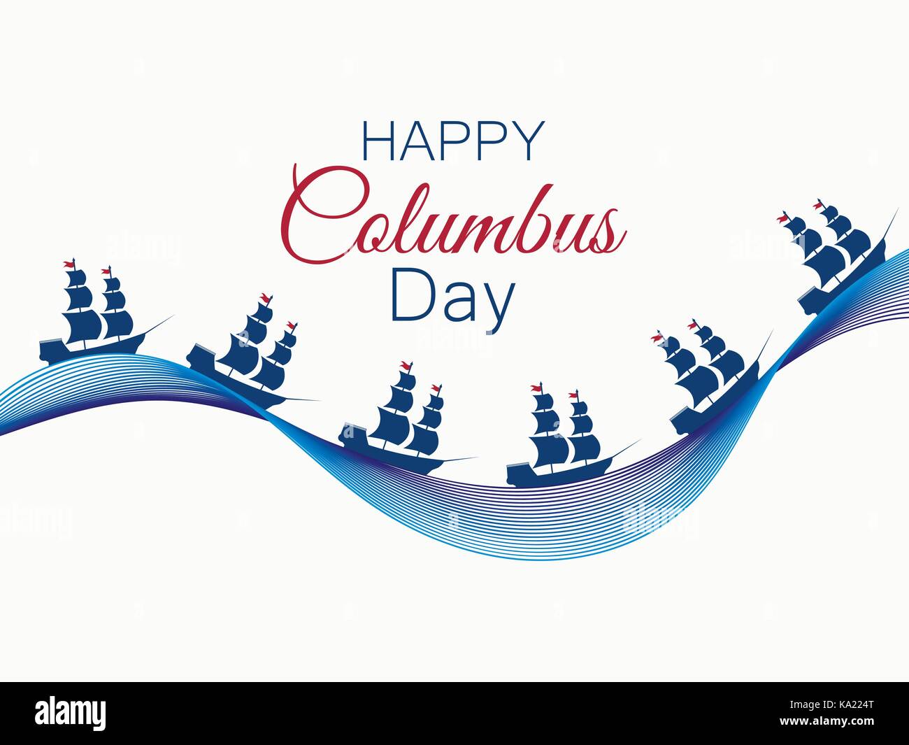 Felice il Columbus day, lo scopritore di America, onde e nave, holiday banner. nave a vela con piloni illustrazione vettoriale Illustrazione Vettoriale