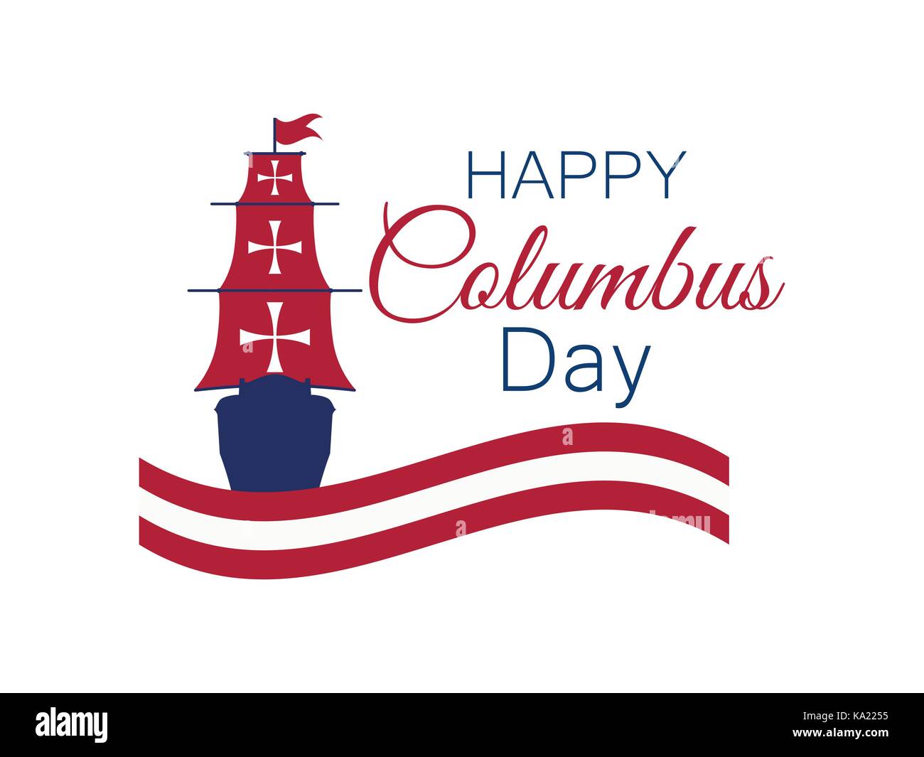Felice il Columbus day, lo scopritore di America, onde e nave, holiday banner. nave a vela con piloni illustrazione vettoriale Illustrazione Vettoriale