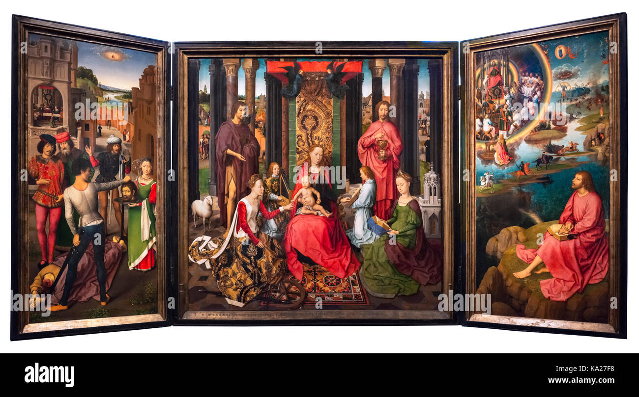 Il San Giovanni Pala (Altare di San Giovanni Evangelista e San Giovanni Battista), un trittico di Hans Memling (c.1430-1494), olio su pannello, c.1474-1479. Foto Stock