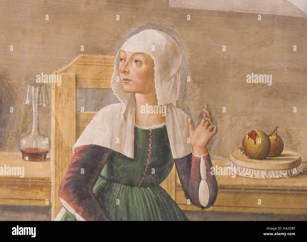 Affresco (1477) dell'annuncio della morte di santa fina di Domenico Ghirlandaio nella collegiata di san gimignano, Italia. Foto Stock
