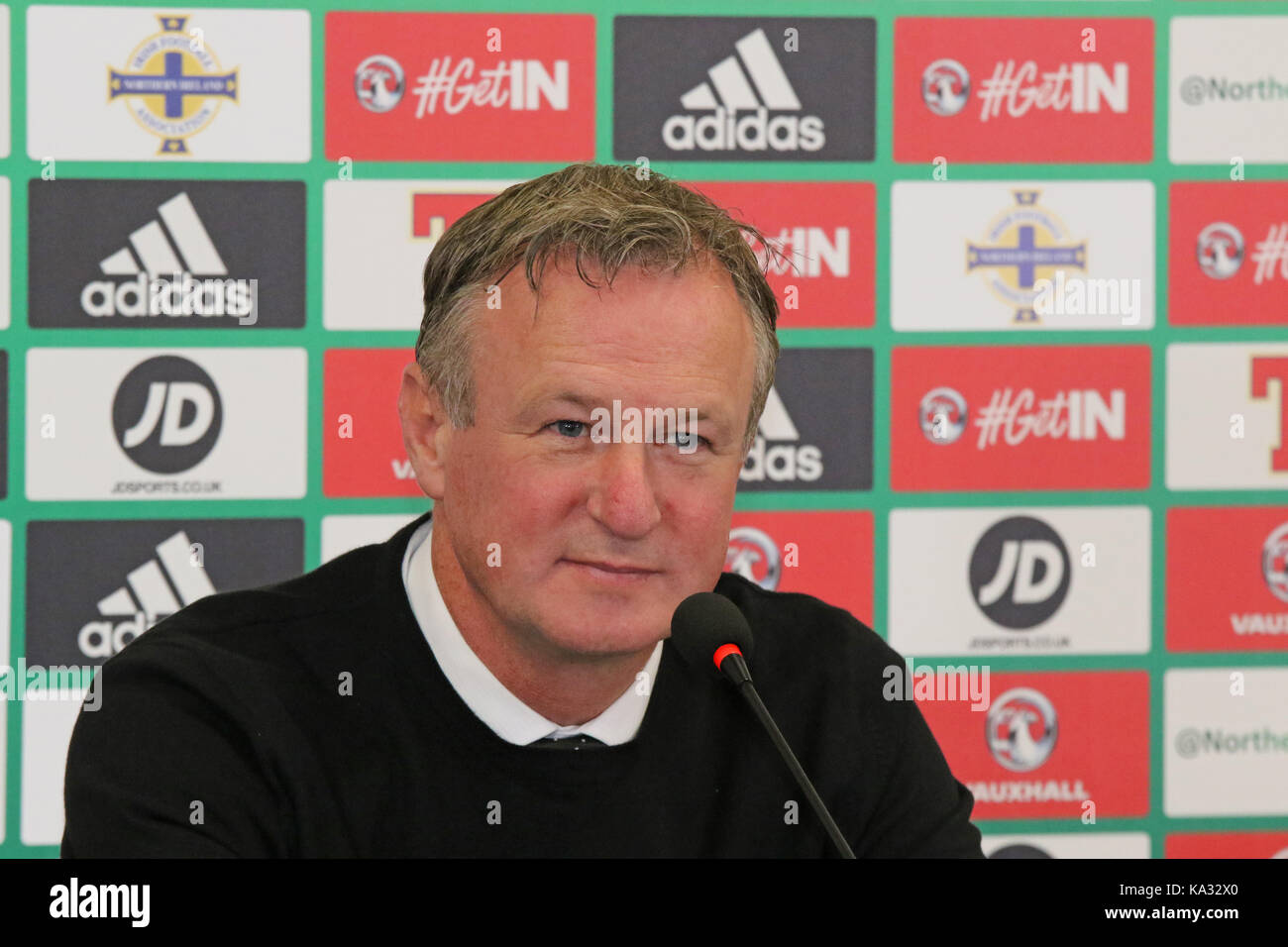 Belfast, Irlanda. Xxv Sep, 2017. stadio nazionale a windsor park nord di Belfast, Irlanda. Xxv Sep, 2017. Irlanda del Nord manager Michael O'neill chiamato la sua squadra oggi per la prossima Coppa del mondo di giochi di qualificazione contro la Germania (05/10/17) e Norvegia (08/10/17). ci sono stati due nuovi giocatori denominato nella squadra - Giordania jones (kilmarnock) e George saville (millwall). Credito: David hunter/alamy live news Foto Stock