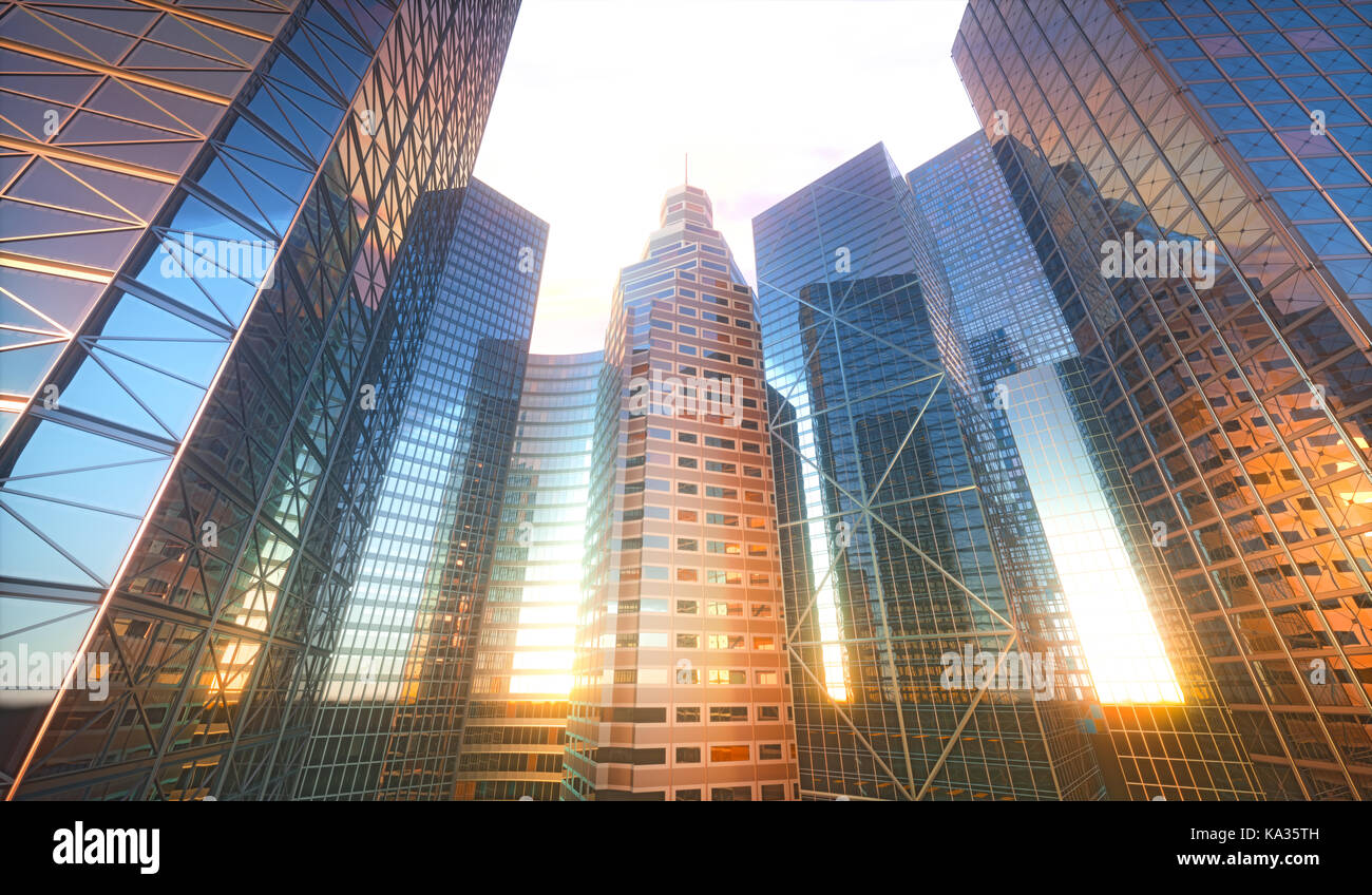 Conceptual 3d cityscape con sole riflesso nelle finestre di edifici. Foto Stock