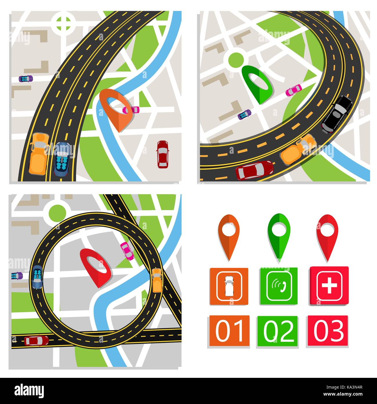 Infografico su strada. i servizi di emergenza. Un set di astratta incroci stradali su mappe della città. materiale design. illustrazione Illustrazione Vettoriale