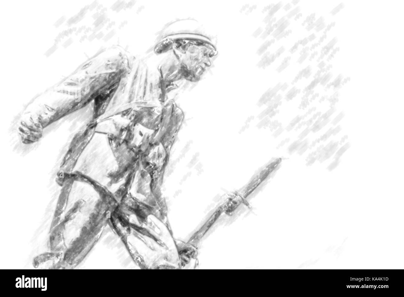 Statua di un soldato della Prima Guerra Mondiale sporgersi in avanti tenendo un fucile a baionetta Foto Stock