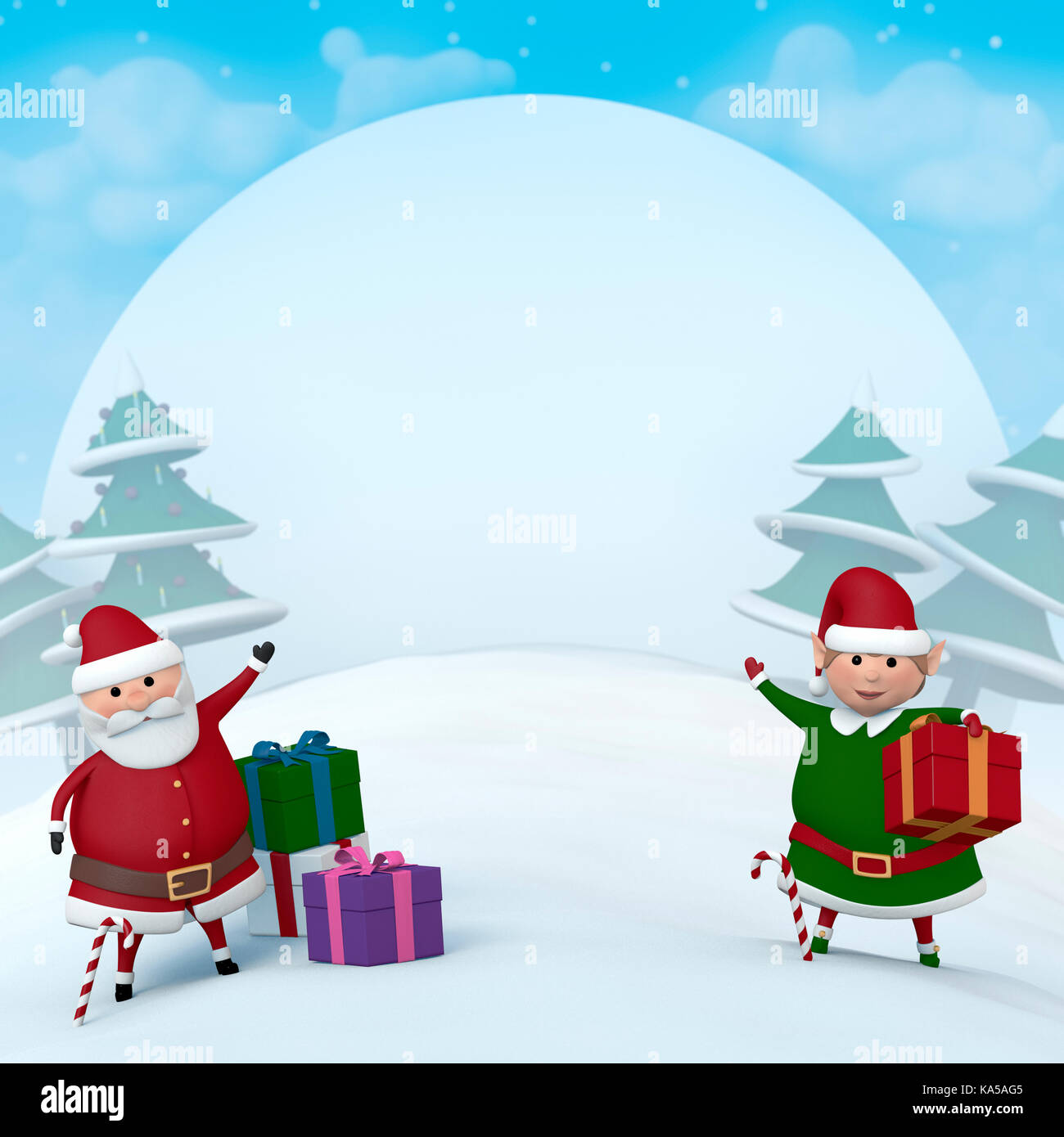 Babbo Natale e un Elfo di Natale rivolti a un segno bianco in un paesaggio innevato. Foto Stock