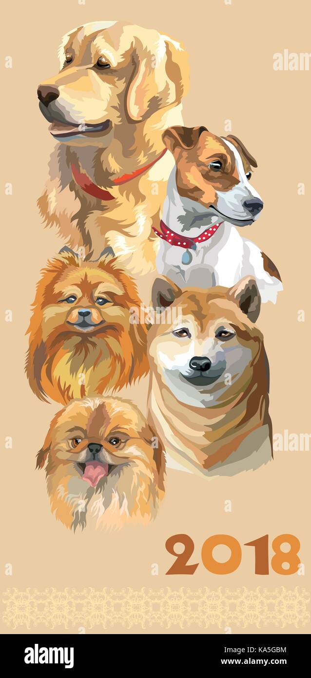 Cartolina verticale con cani di differenti razze (golden retriever; piccolo Pomerania; pekingese, jack russel terrier, Shiba Inu) su sfondo beige. 2 Illustrazione Vettoriale