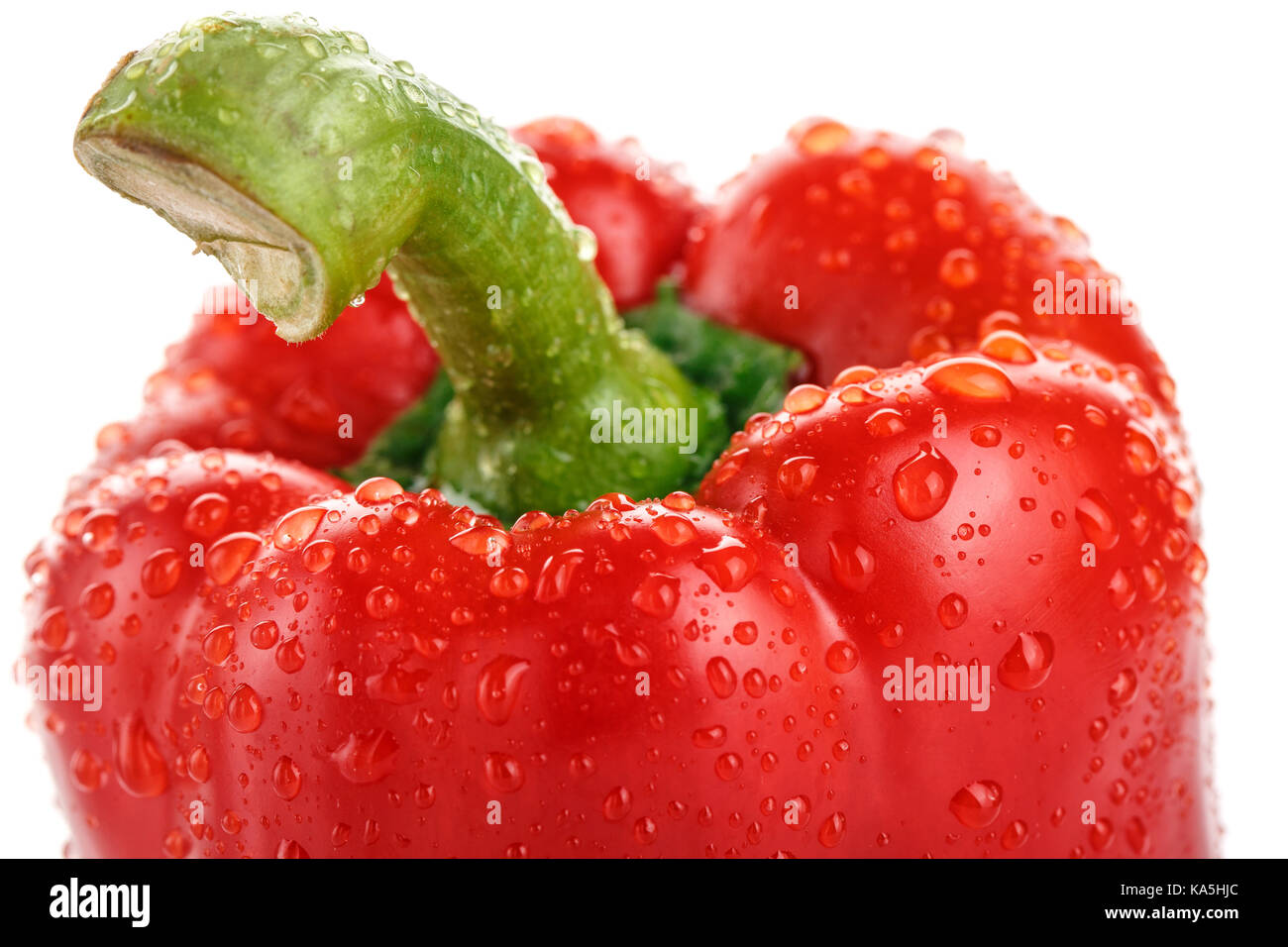 La testa di ripe pepe rosso con gocce di acqua. Foto Stock