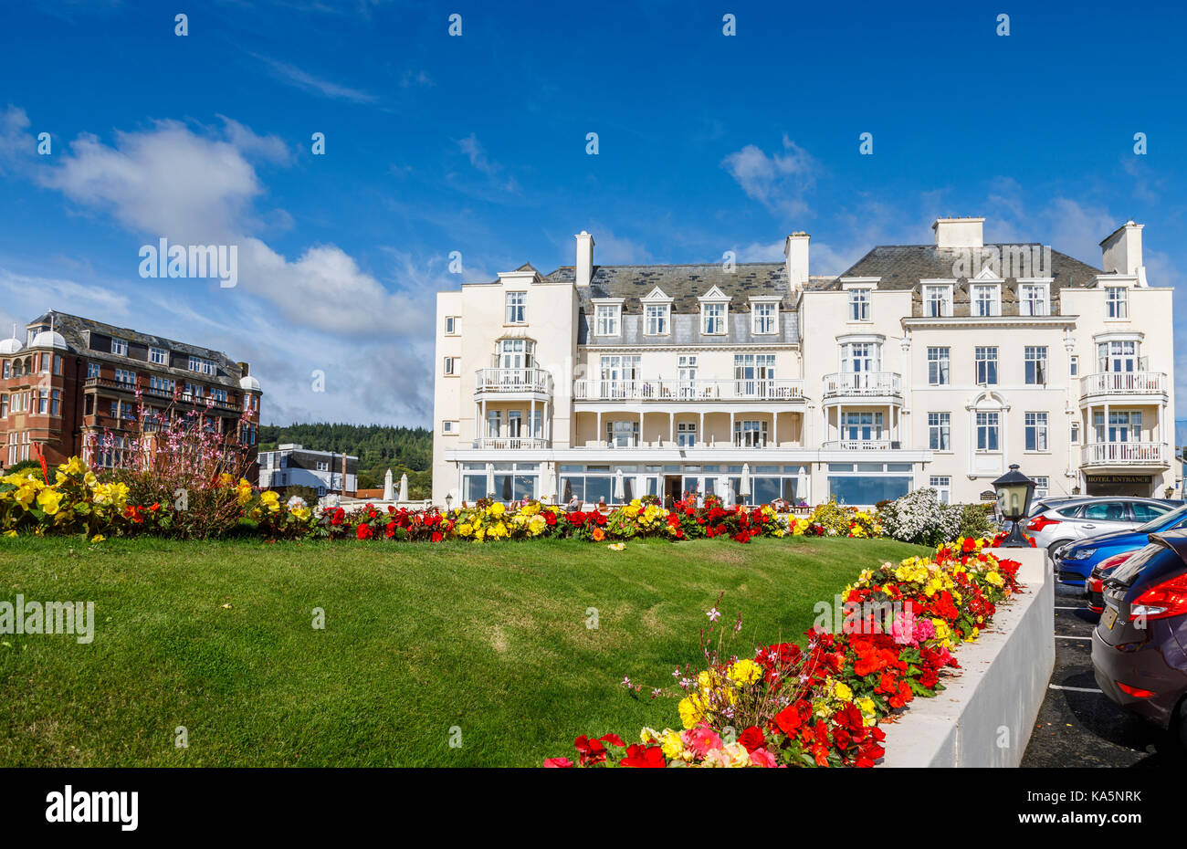 Vista di Belmont Hotel, Sidmouth, una città costiera e la rinomata località di villeggiatura sul Canale Inglese costa nel Devon, Inghilterra sudoccidentale in una giornata di sole Foto Stock