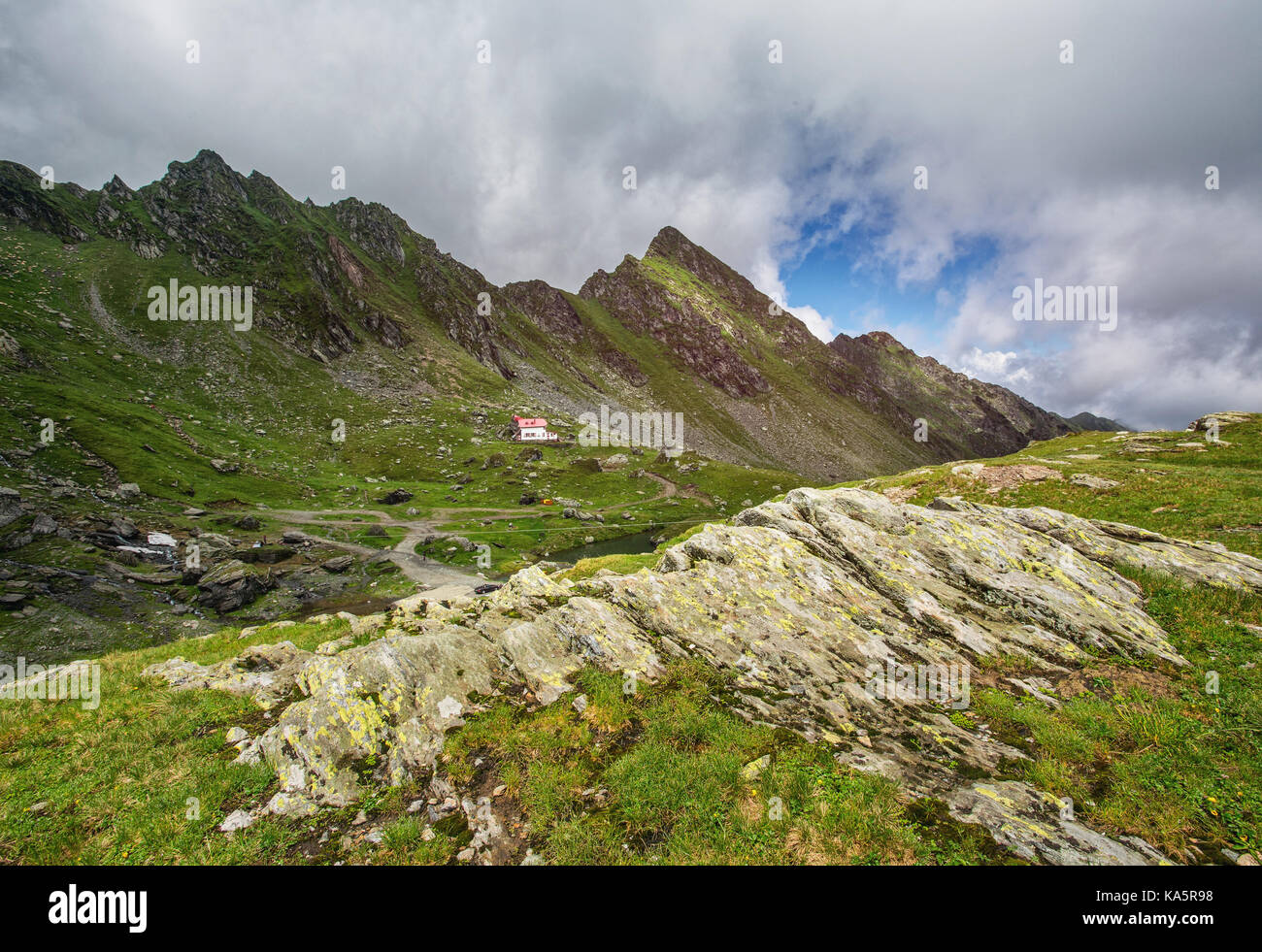Paesaggio di montagna. rocce in primo piano. Carpazi romeni. Foto Stock