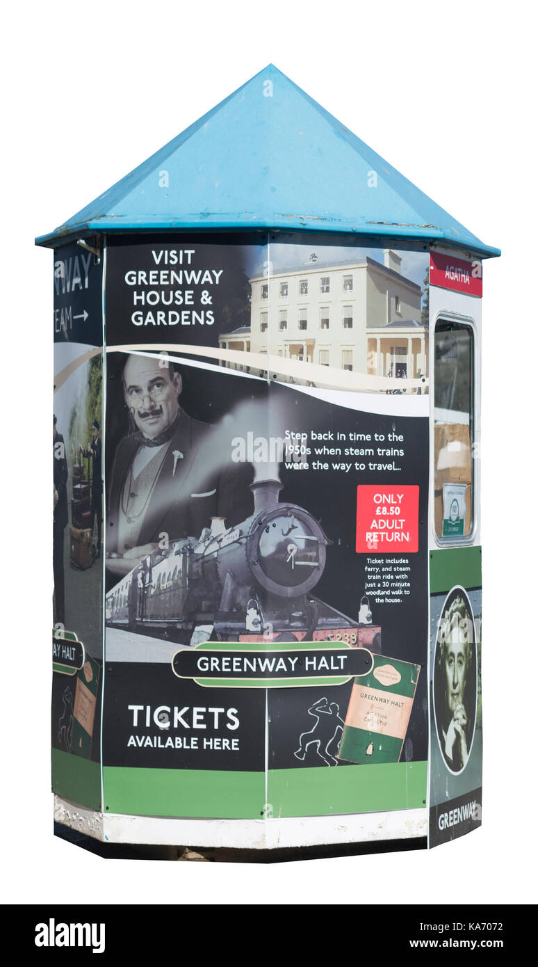 Ticket kiosk, dartmouth devon, spot Hercule Poirot e treno a vapore viaggio a Agatha Christie's holiday home, greenway sul fiume Dart, Foto Stock