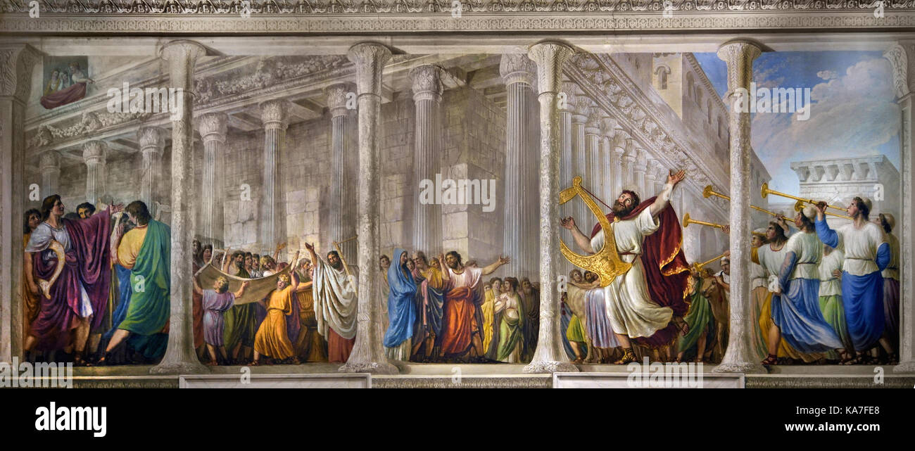 David nella sala dell'Arca Palazzo Pitti Firenze Italia di Giovanni Battista Caracciolo (Battistello) 1578–1635 XVII secolo . Nel 1816, il soffitto fu affrescato da Luigi Ademollo 1764 - 1849 con Noè che entra a Gerusalemme con l'Arca dell'Alleanza (Arca della testimonianza). È un petto in legno rivestito d'oro con coperchio descritto nel Libro dell'Esodo come contenente le due tavolette in pietra dei dieci Comandamenti. Foto Stock