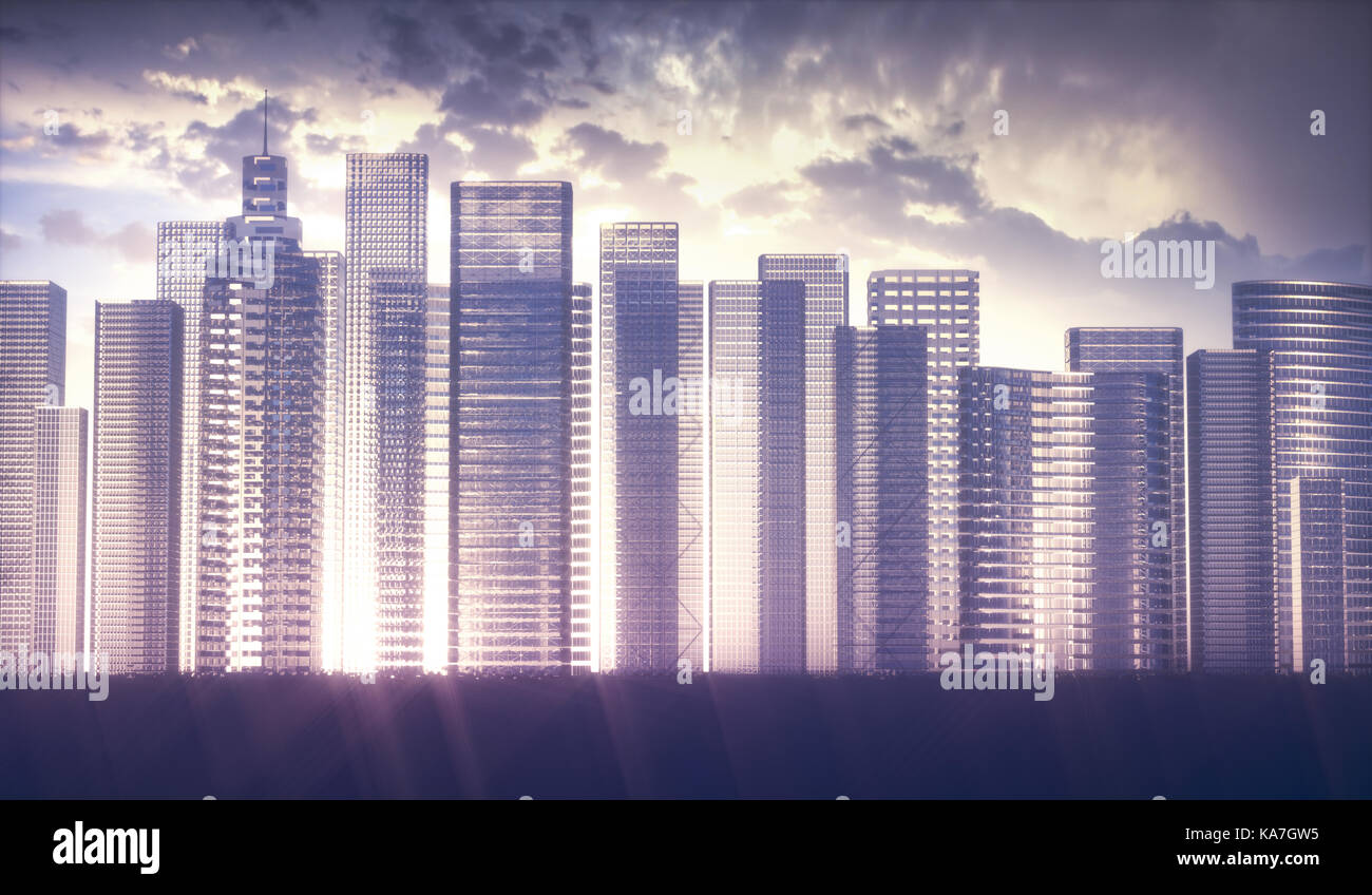 3d illustrazione. futuristico immagine concettuale. strutture di edifici in vetro con il tramonto in background. Foto Stock