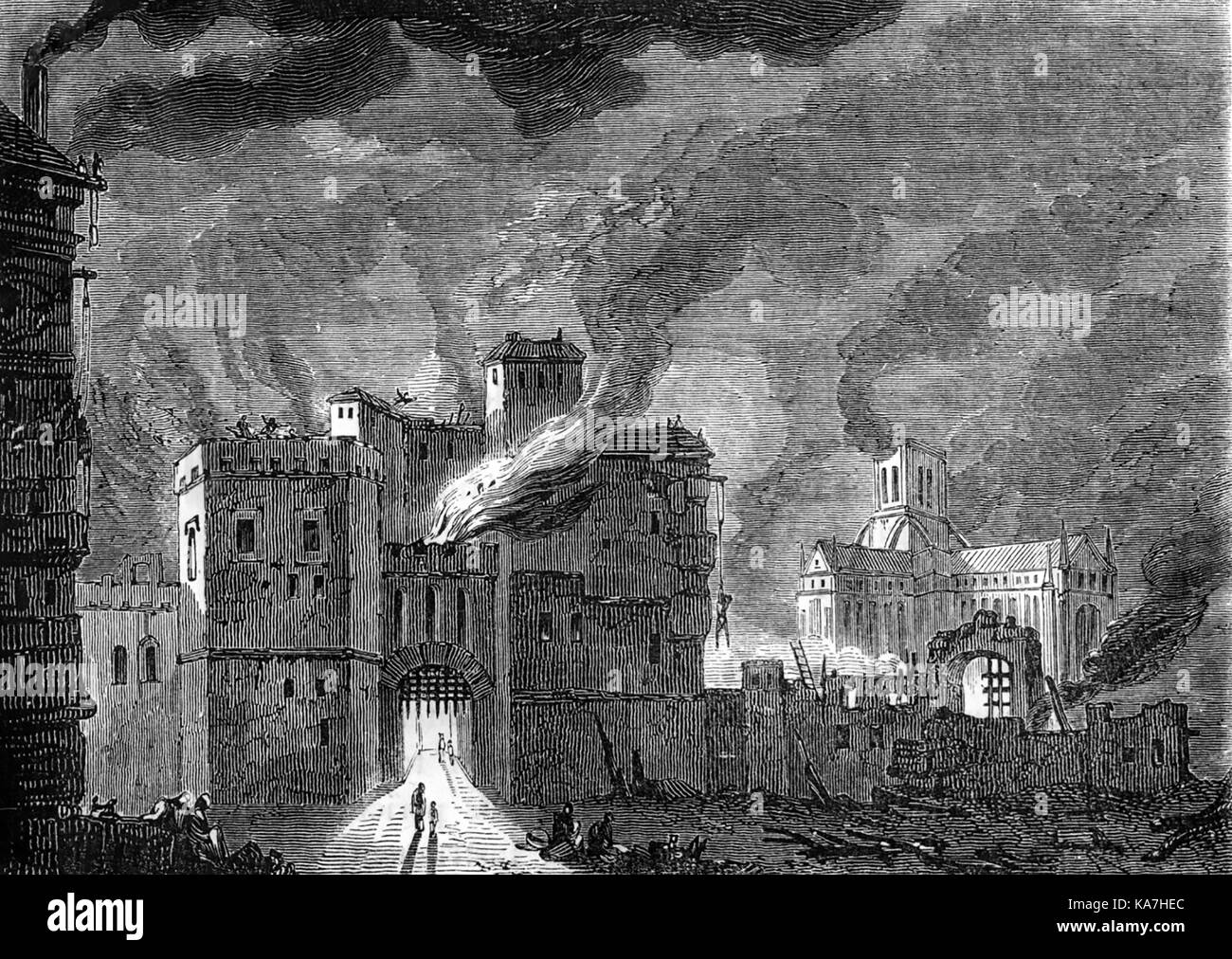 NEWGATE, LONDRA, distrutta dal Grande incendio di Londra nel 1666 Foto Stock