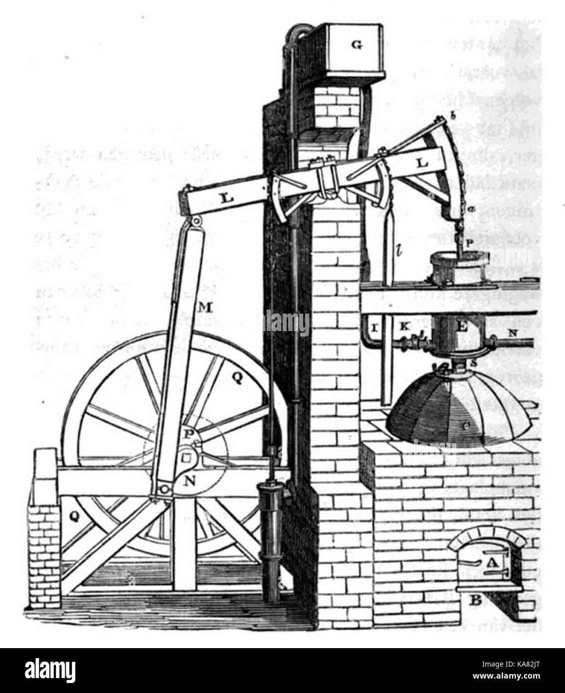 Stoomwerktuig van Newcomen incontrato kruk en voerwiel, 1852 Foto Stock
