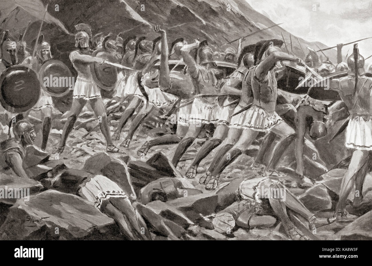 Leonida re di Sparta e il Trecento con la battaglia delle Termopili di, 480 bc. Dopo la pittura di allan Stewart, (1865-1951). Da hutchinson nella storia delle nazioni, pubblicato 1915. Foto Stock