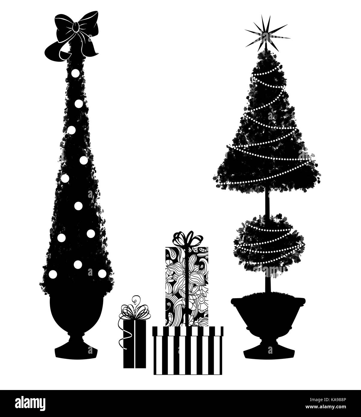 Silhouette elegante di topiaria da due alberi di natale con doni nel centro Foto Stock