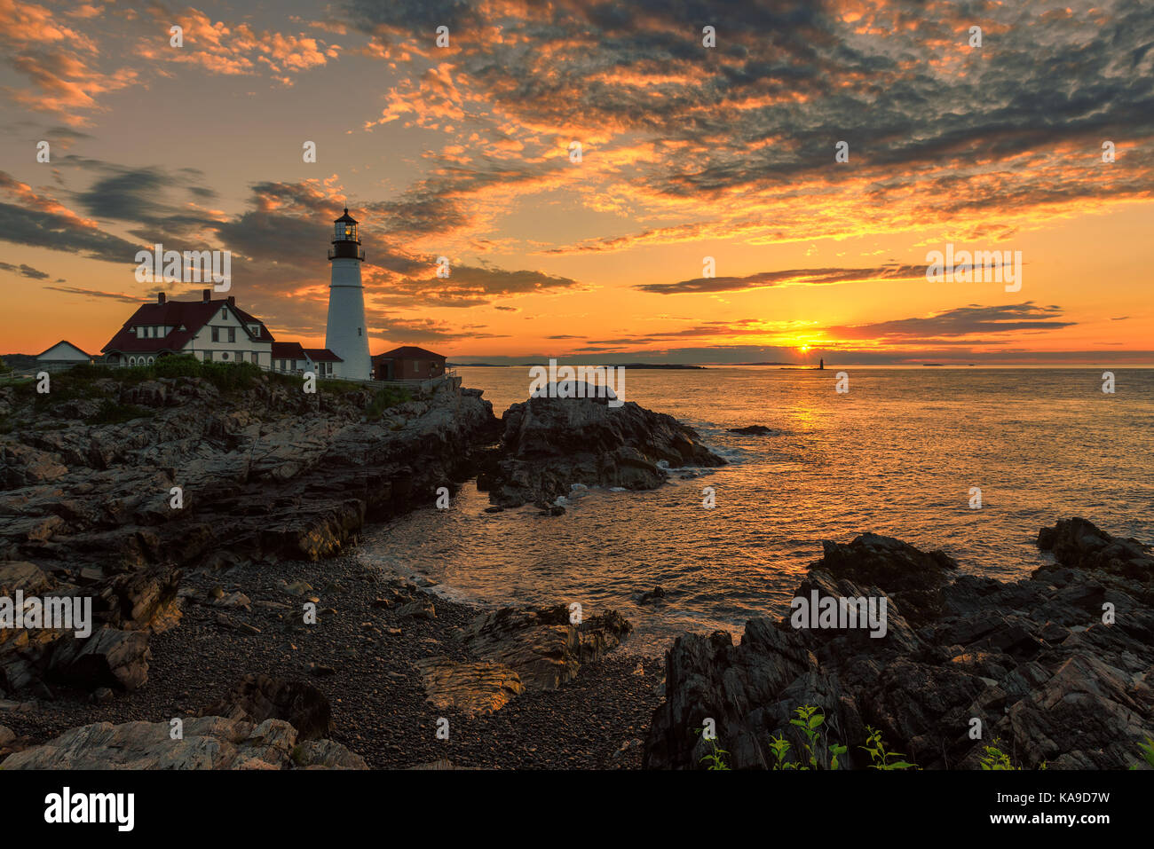 Portland Head Lighthouse a sunrise in cape elizabeth, Maine, Stati Uniti d'America. Foto Stock